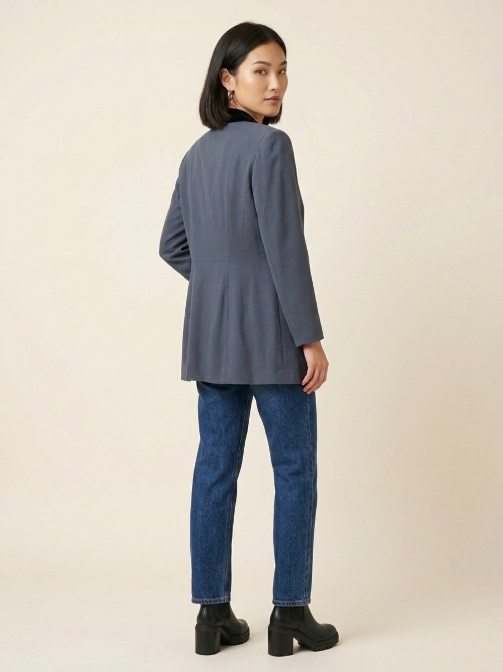 Vintage 90s Paradox Wool Longline Blazer Jacket Velvet Collar Slate Blue Size 8 - Picture 8 of 12